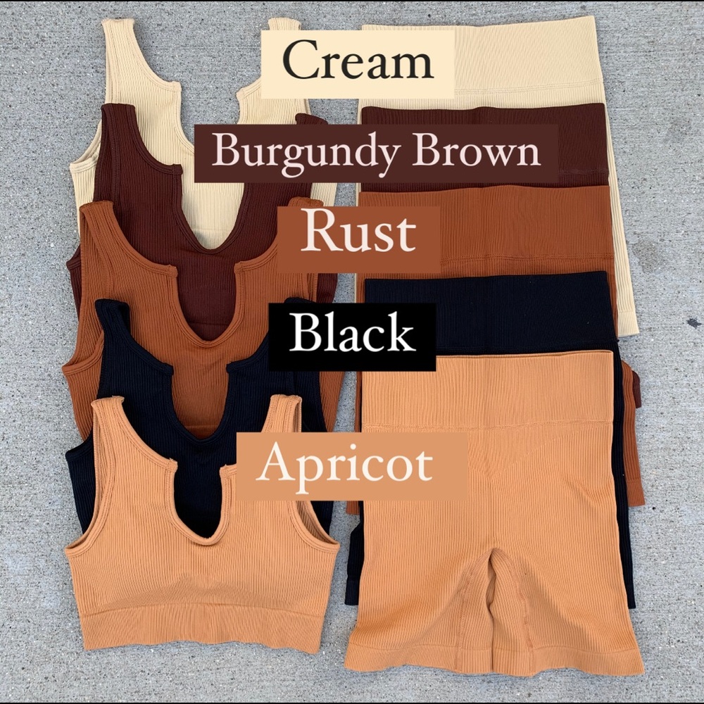 Neutral Brown Ribbed Activewear Biker Short Sets NWT - Picture 5 of 11